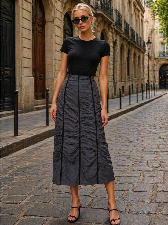 Ronen Chen Dresses & Skirts - Ronen Chen Black Ruched Velvet Piped Skirt